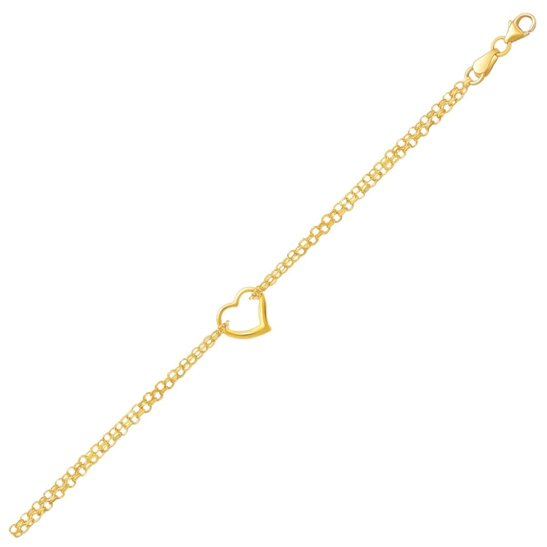 14k Gold Heart Station Double Rolo Chain Anklet: Size: 10". This adjustable anklet is truly exquisite with its open heart motif station and double rolo chain. Designed in 14k gold, this 10 inches beauty is secured with a lobster clasp. Anklet inform