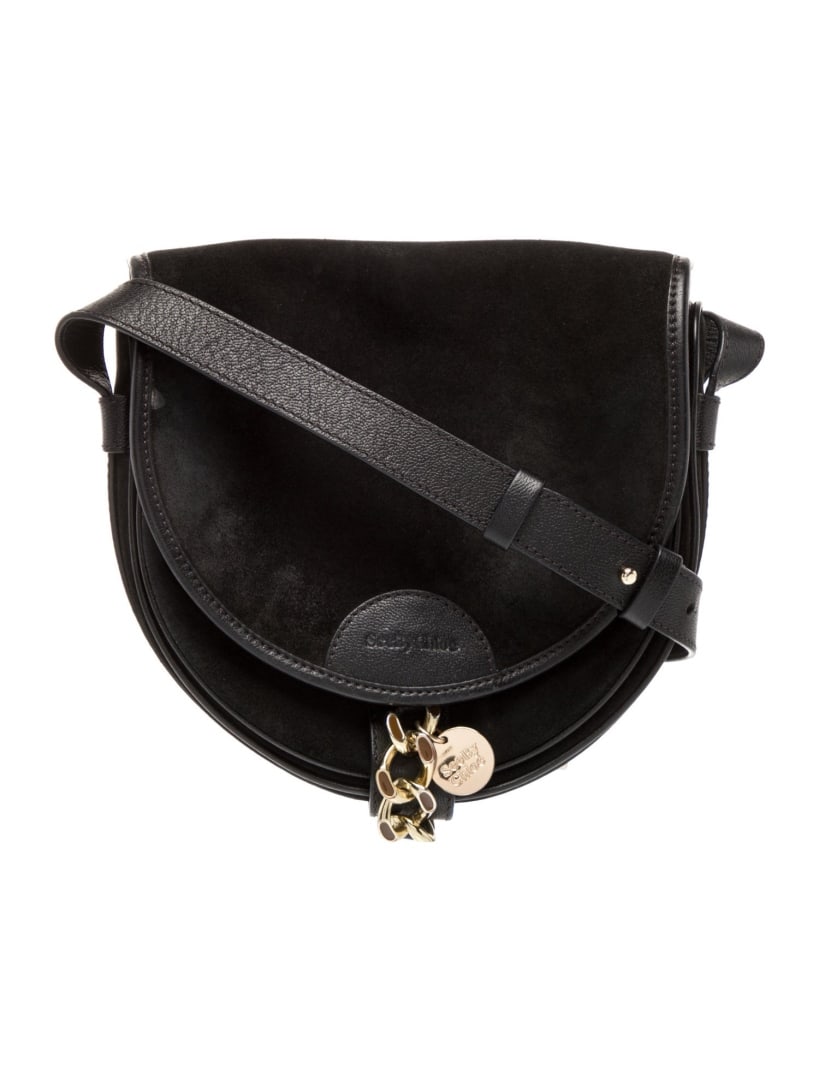 See By Chloe Black Suede Flap Crossbody Bag: Condition is good, pre-owned. Details: black suede, gold-tone hardware, single adjustable shoulder strap, leather lining, flap closure at front, includes dust bag, shoulder strap drop: 15. 75", height