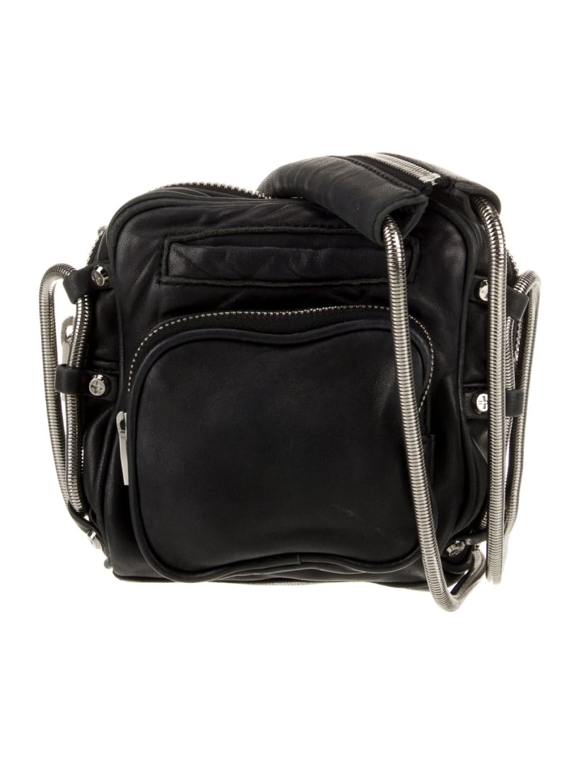 Alexander Wang Black Leather Crossbody Bag: Condition is very good, pre-owned. Details: black leather, silver-tone hardware, chain-link shoulder straps, chain-link accents, nylon lining & single interior pocket, zip closure at top, shoulder str