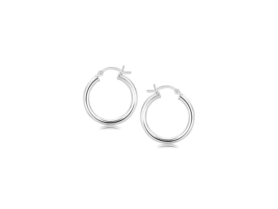 20mm Polished Hoop Motif Earrings: Crafted from 925 sterling silver with rhodium plating, these 20 mm hoop earrings feature a polished finish. Measuring 3 mm wide, they weigh approximately 3. 5 grams and secure with snap lock backings.