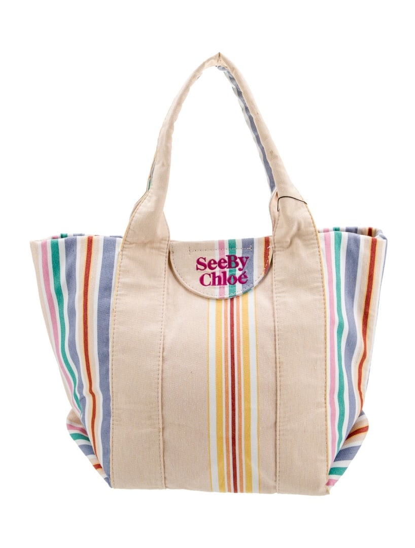 See By Chloe Neut Canvas Gold-tone Hdw Snap Tote: Condition is very good, pre-owned. Details: neutrals canvas, striped, gold-tone hardware, dual shoulder straps, canvas lining & single interior pocket, snap closure at top, shoulder strap drop: 6. 75"