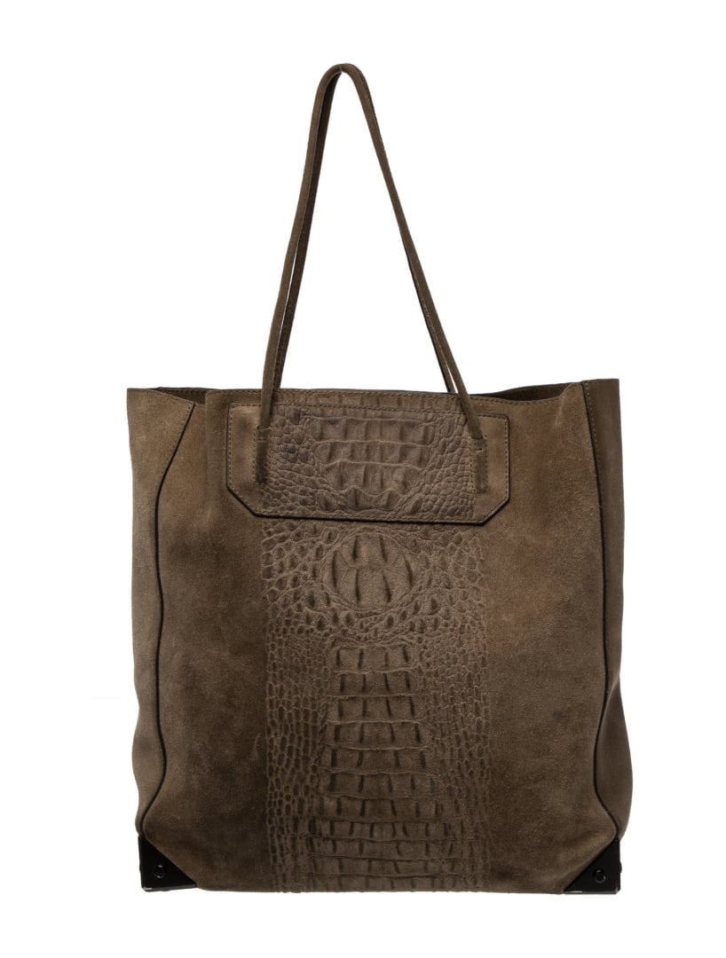 Alexander Wang Brown Suede Tonal Hdw Tote: Condition is good, pre-owned. Details: brown suede, tonal hardware, dual shoulder straps, suede lining & dual interior pockets, open top, protective feet at base, includes interior zip pouch, shoulder