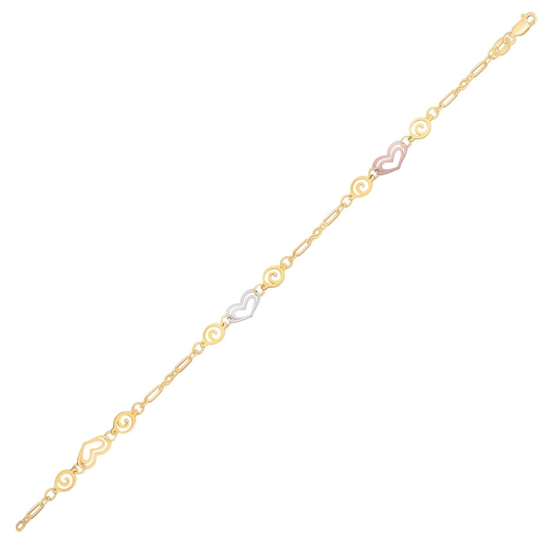 14k Tri-color Gold Heart Stations Anklet: Size: 10". This 10 inches anklet has many elements to fall in love. These include the heart stations in different tones of 14k white, rose, and gold and the beautiful spiral designed round shapes. A l