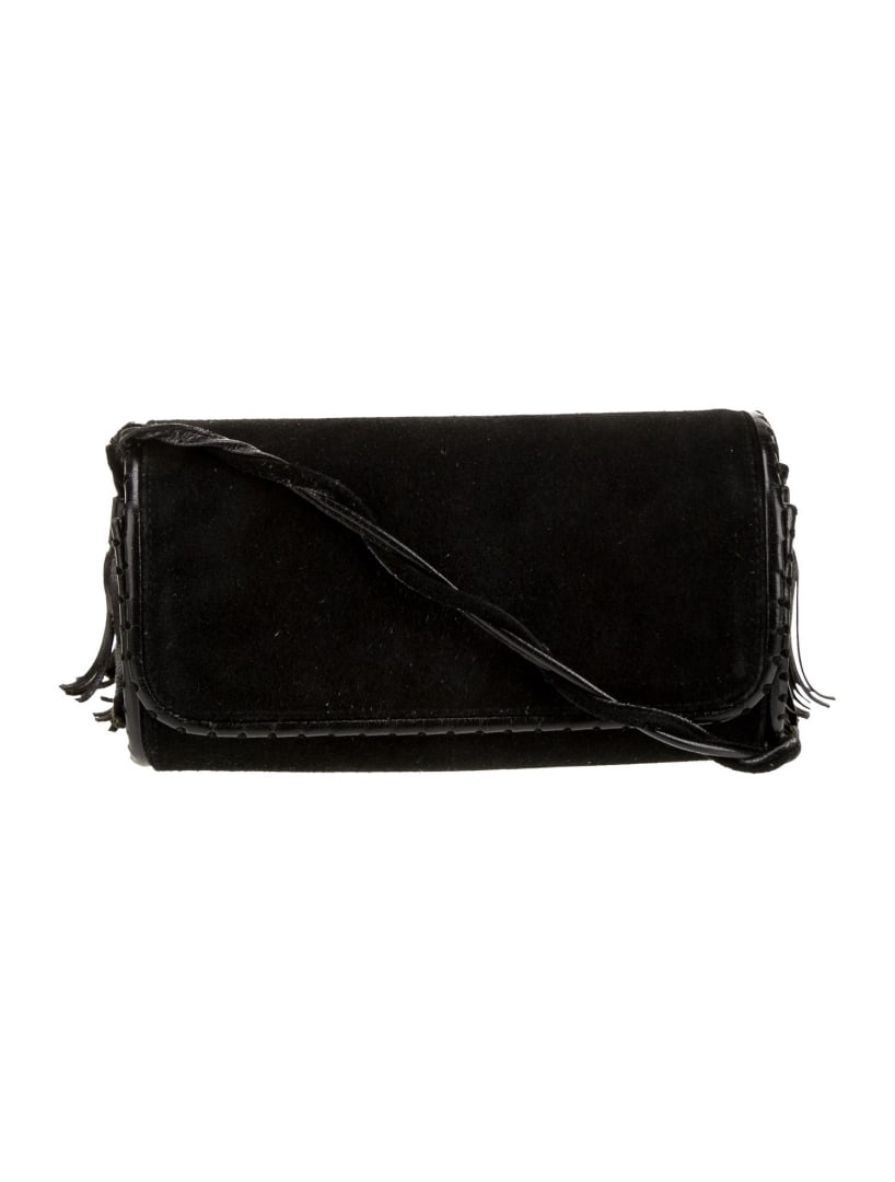Givenchy Vintage Black Suede Tassel Crossbody Bag: Condition is very good, pre-owned. Details: vintage, black suede, gold-tone hardware, leather trim, single shoulder strap, leather & tassel accents, suede lining & single interior pocket, snap closure