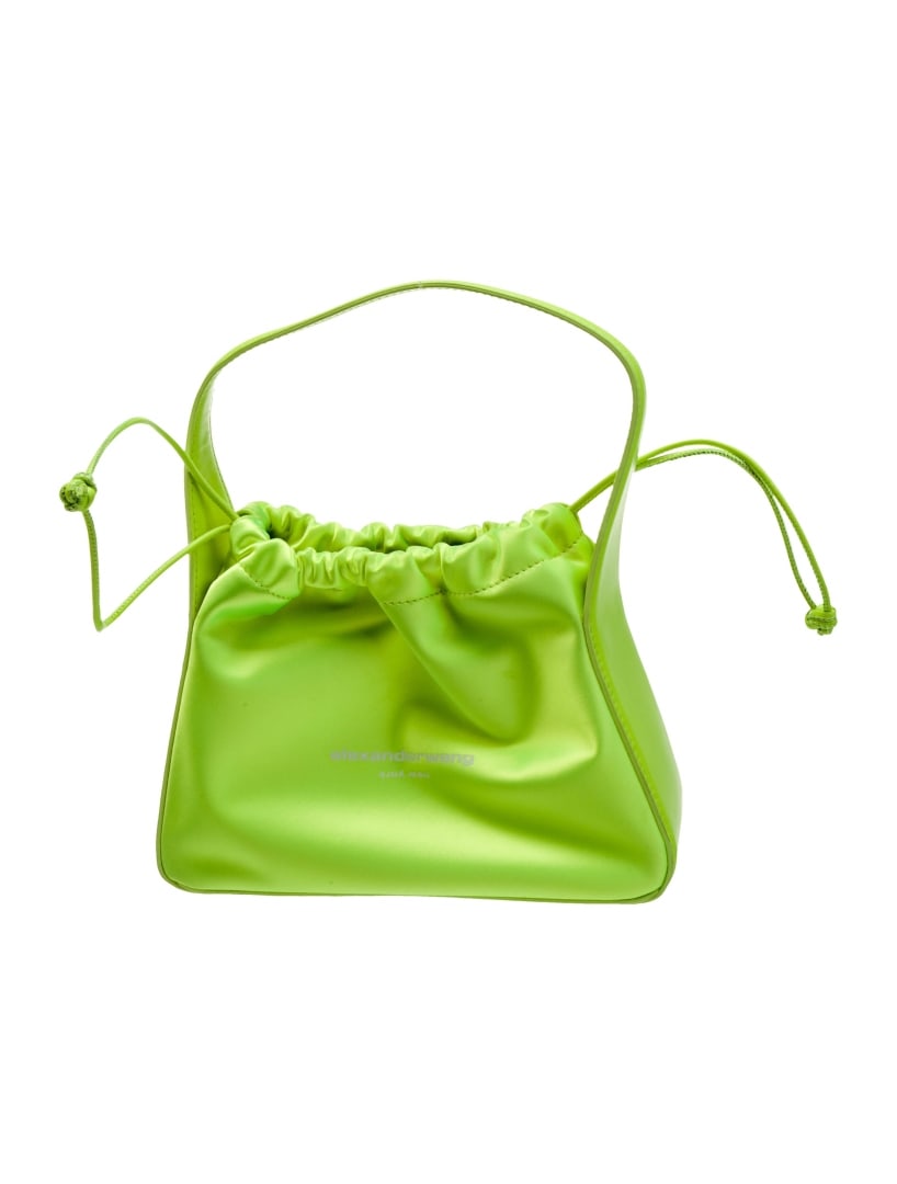 Alexander Wang Green Satin Drawstring Top Hdl Bag: Condition is excellent, pre-owned. Details: green satin, silver-tone hardware, flat handle, twill lining, drawstring closure at top, protective feet at base, handle drop: 4", height: 7", width: 9. 5",