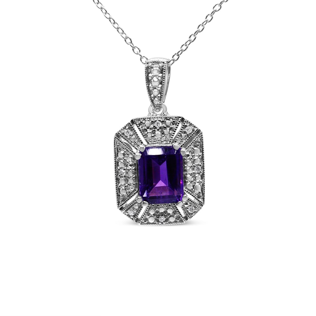 Elegant 2.18ct Amethyst & Diamond Accent Necklace: Length: 18". Indulge in the beauty of this exquisite necklace, a true symbol of elegance and charm. The centerpiece features a stunningly genuine emerald-shape amethyst, measuring 8x6mm and totaling 2