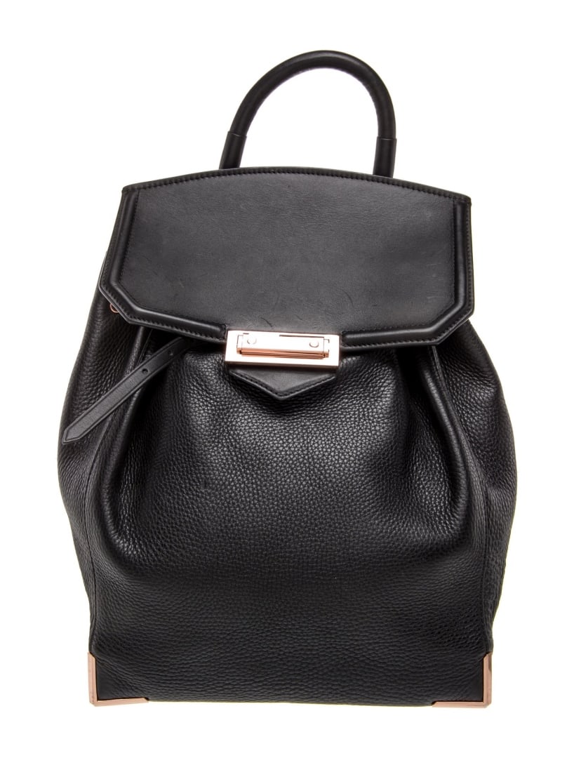 Alexander Wang Blk Leather Rose Push-lock Backpack: Condition is good, pre-owned. Details: black leather, rose gold-tone hardware, rolled handle & dual adjustable shoulder straps, nylon lining & single interior pocket, push-lock closure at front, prote