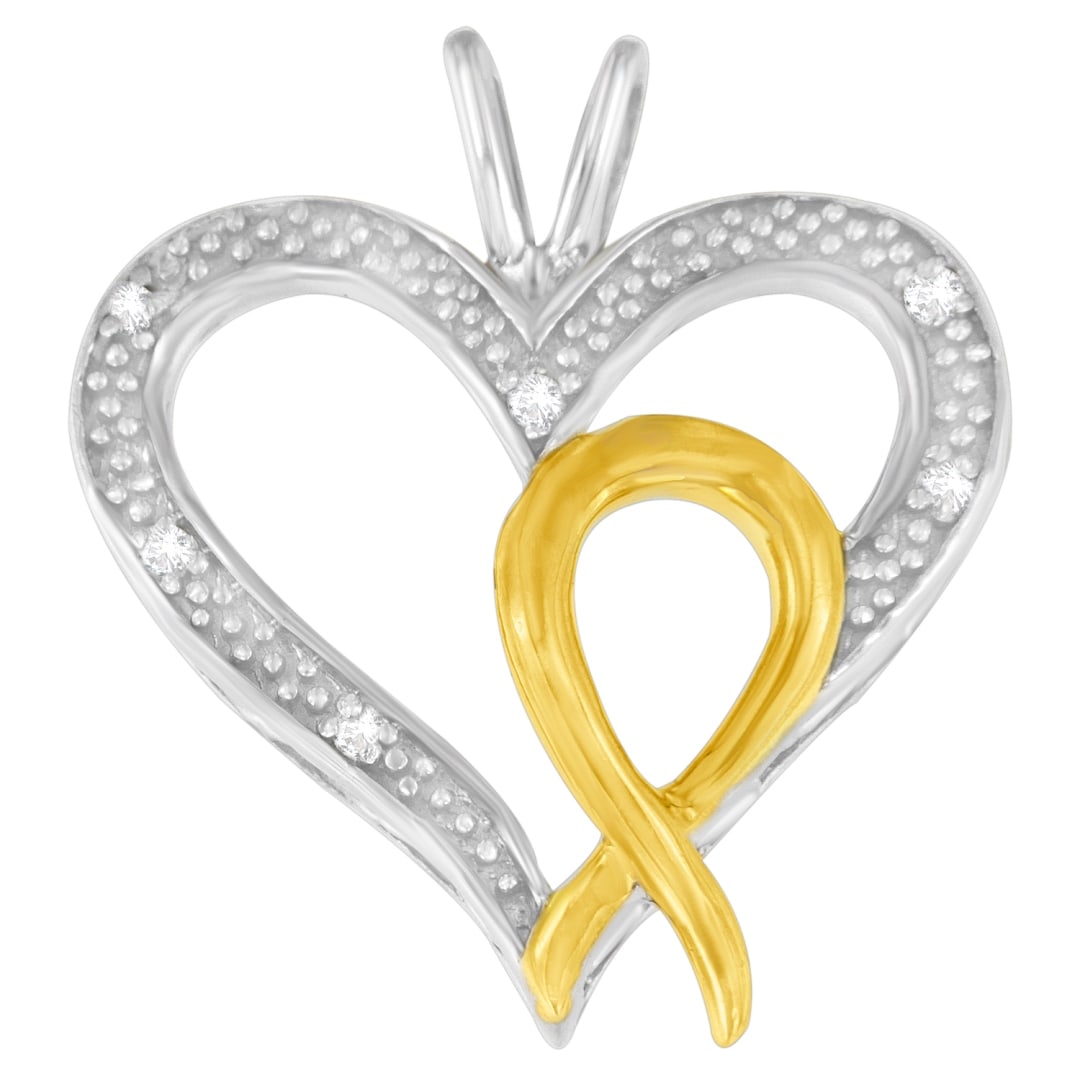 10k Gold-pl. .03ct Diamond Heart-ribbon Necklace: Chain length: 18". This heart pendant, inlaid with 8 natural round diamonds totaling 0. 03 carats, features a graceful ribbon accent plated in 10k gold. The diamonds, with i2-i3 clarity and i-j color,
