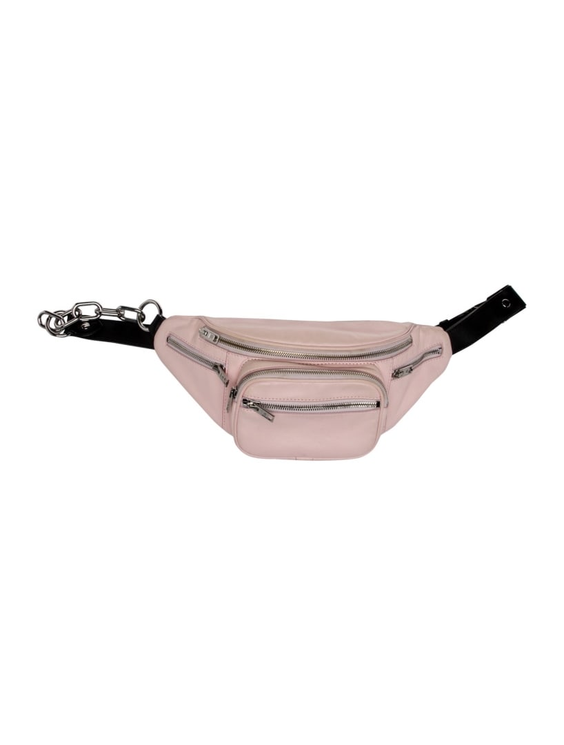 Alexander Wang White Leather Chain-link Belt Bag: Condition is good, pre-owned. Details: pink leather, silver-tone hardware, adjustable waist strap, chain-link accents, zip closure at front, strap length: 42. 75", height: 13. 5", width: 6. 75", depth