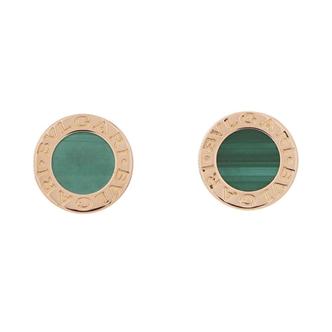 Bvlgari 18k Rose Gold Malachite Stud Earrings: Condition is very good, pre-owned. Details: minor wear throughout. Metal type: 18k rose gold. Stone type: malachite. Accessories: box, case, certificate. Comes with garnet gazelle certificate of authe