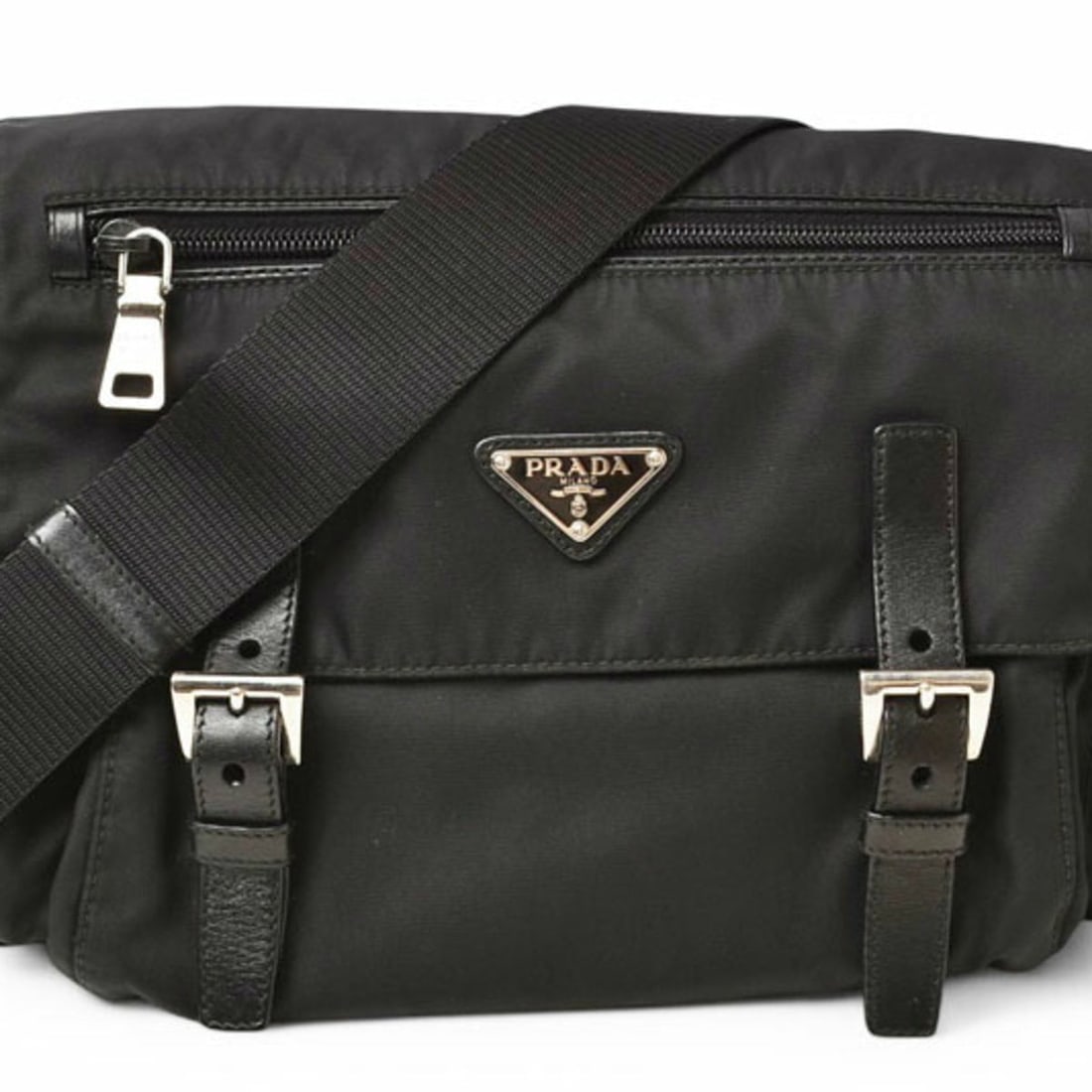 Prada Zip Buckle Tessuto Medium Messenger Bag: Condition is very good, pre-owned. Details - condition details: some very light signs of wear like light marks, scratches or creasing. Size and fit: 10. 23"w x 7. 87"h x 5. 51"d, 10-20" strap drop, 21