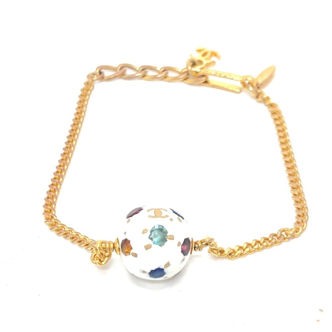 Chanel Enamel Bead Multicolored Charm Bracelet: Condition is very good, pre-owned. Details: minor wear throughout. Size and fit: circumference: 7. 08". Material: metal. Comes with garnet gazelle certificate of authenticity. We do not provide photos