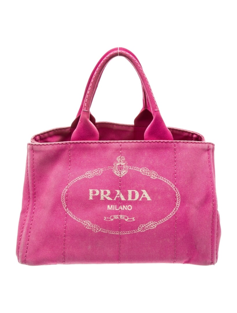 Prada Peonia Canvas Gold-tone Hdw Top Hdl Bag: Condition is good, pre-owned. Details: peonia canvas, graphic print, signature logo & enameled metal triangle, gold-tone hardware, rolled handles & single adjustable shoulder strap, canvas lining & fo
