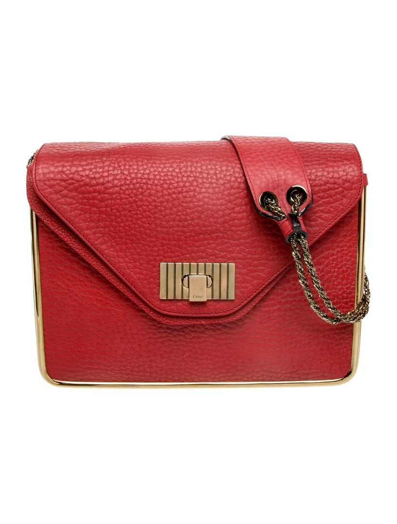 Chloe Red Leather Pull-through Cls Shldr Bag: Condition is very good, pre-owned. Details: red leather, gold-tone hardware, chain-link shoulder strap, canvas lining & single interior pocket, pull-through closure at front, includes dust bag, should