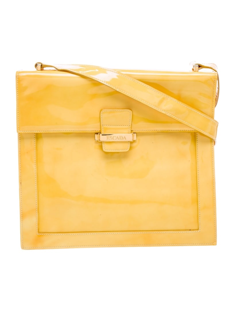 Escada Yellow Patent Leather Push-lock Shldr Bag: Condition is good, pre-owned. Details: vintage, yellow patent leather, gold-tone hardware, single shoulder strap, nylon lining & single interior pocket, push-lock closure at front, shoulder strap drop