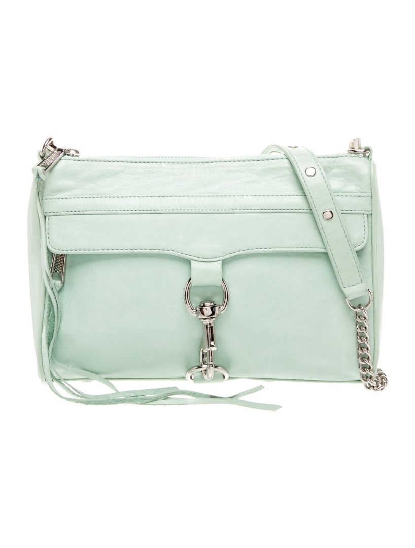 Rebecca Minkoff Green Lthr Studded Crossbody Bag: Condition is good, pre-owned. Details: green leather, silver-tone hardware, flat handles & chain-link shoulder strap, logo jacquard lining & dual interior pockets, zip closure at top & clasp closure a