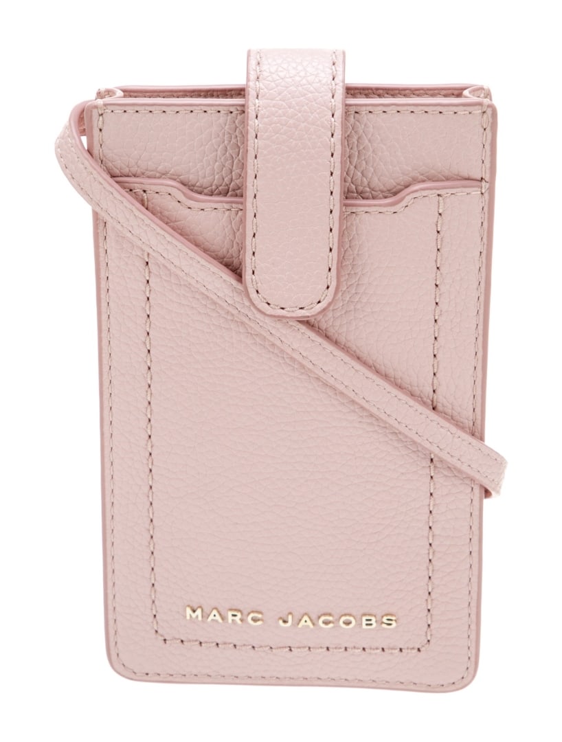 Marc Jacobs Pink Leather Snap Crossbody Bag: Condition is pristine, pre-owned. Details: pink leather, gold-tone hardware, single adjustable shoulder strap, canvas lining & single interior pocket with card slots, snap closure at front, shoulder s