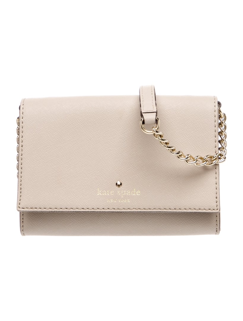Kate Spade Neut Saffiano Lthr Gold-tone Hdw Clutch: Condition is very good, pre-owned. Details: neutrals saffiano leather, gold-tone hardware, chain-link shoulder strap, chain-link accents, jacquard lining & single interior pocket with card slots, snap