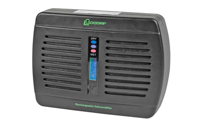 Lockdown Rechargeable Dehumidifier Black: This lockdown rechargeable dehumidifier is a compact, maintenance-free moisture control solution accessory designed to protect firearms and valuables from humidity, mildew, and corrosion. Ideal for sa