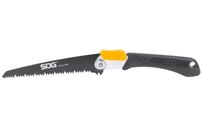 Sog Folding Saw 8.25" W/ Sheath: This sog folding saw features an 8. 25 inch serrated blade crafted from hardened and tempered high carbon steel with a satin black finish for durability and cutting efficiency. Designed for compact po