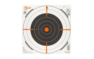 Allen Ez Aim Adhesive Bullseye 12x12" 100pcs: These allen company ez aim adhesive bullseye targets 12"x12" (100 pieces) in white and orange feature splash technology that highlights bullet impacts with bright chartreuse holes for easy visibility.