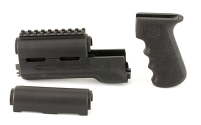 Hogue Overmolded Rifle Grip Ak W/ Accessories Blk: This hogue overmolded rifle grip and forend kit for ak-47 and ak-74 variants delivers a complete ergonomic upgrade with a black rubber grip featuring finger grooves and a modular forend system. Engine