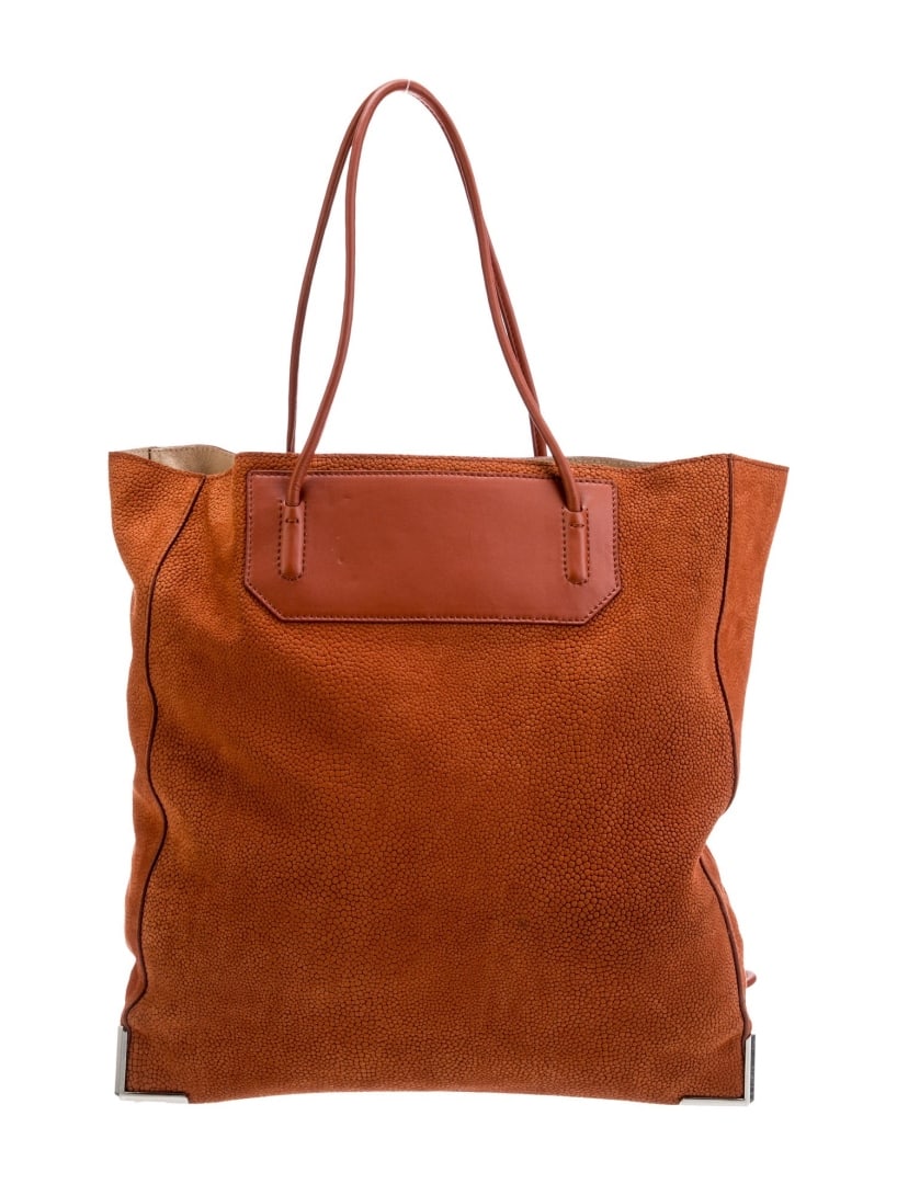 Alexander Wang Brown Leather Shoulder Bag: Condition is very good, pre-owned. Details: brown leather, silver-tone hardware, leather trim, dual shoulder straps, suede lining & dual interior pockets, open top, protective feet at base, includes c