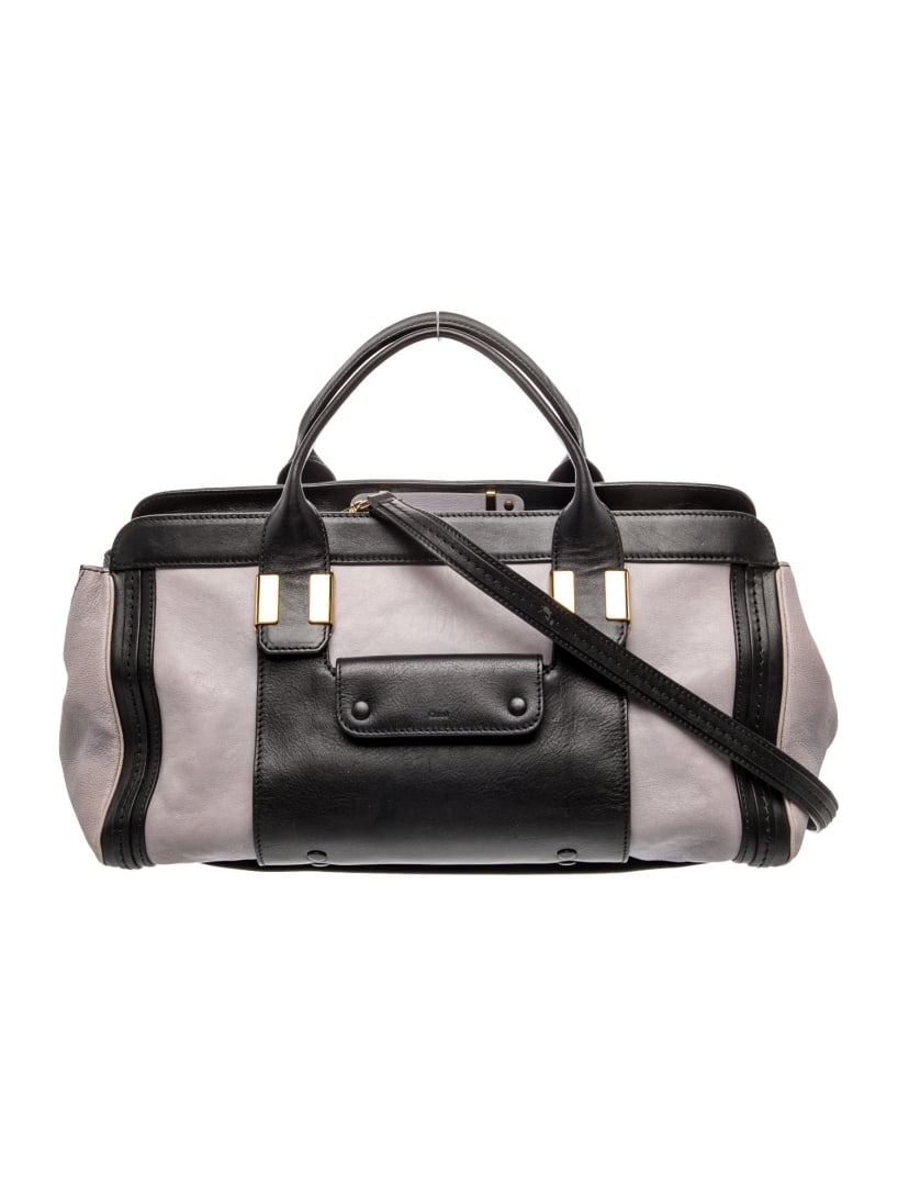 Chloe Grey Leather Gold-tone Hdw Top Handle Bag: Condition is good, pre-owned. Details: grey leather, color block pattern, gold-tone hardware, flat handles & single shoulder strap, leather trim embellishment, twill lining & single interior pocket, z