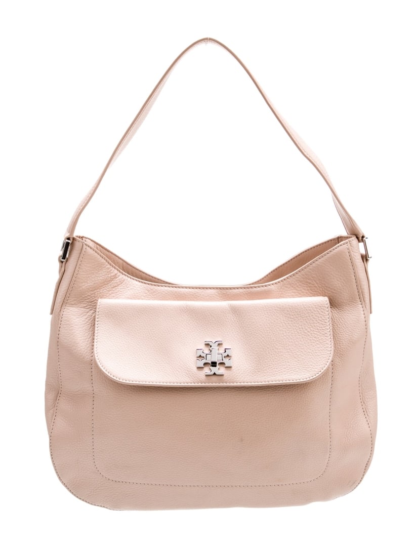 Tory Burch Neut Leather Snap Shoulder Bag: Condition is very good, pre-owned. Details: neutrals leather, silver-tone hardware, flat handle & single shoulder strap, logo jacquard lining & four interior pockets, snap closure at front, includes d