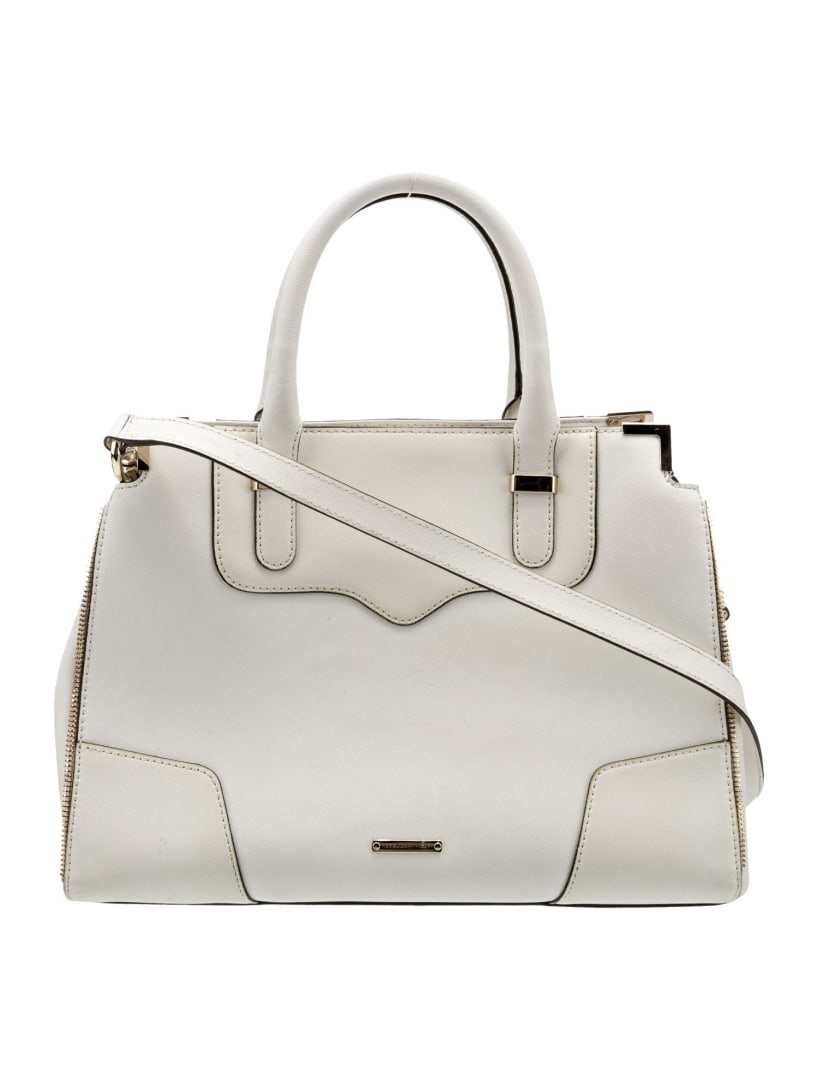 Rebecca Minkoff Neut Leather Snap Top Hdl Bag: Condition is good, pre-owned. Details: neutrals leather, gold-tone hardware, rolled handles & single adjustable shoulder strap, logo jacquard lining & four interior pockets, snap closure at top, prote