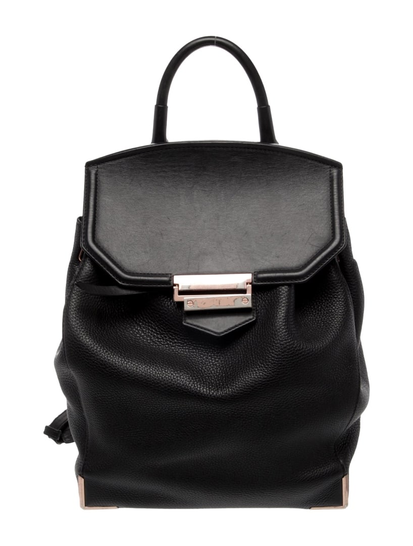 Alexander Wang Black Lthr Rose Push-lock Backpack: Condition is good, pre-owned. Details: black leather, rose gold-tone hardware, rolled handle & dual adjustable shoulder straps, nylon lining & single interior pocket, drawstring closure at top & push-