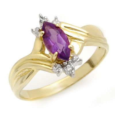 Genuine 0.52ctw Amethyst & Diamond Ring 10K Yellow Gold: Diamond: 2 Round cut @ 0.02 ctw Clarity: SI-I Color: H-KGemstone: Natural AmethystGemstone color: PurpleGemstone quality: Good-to-Very GoodGemstone Cut & Weight: 1 Marquise cut @ 0.50 ctwMetal Purity