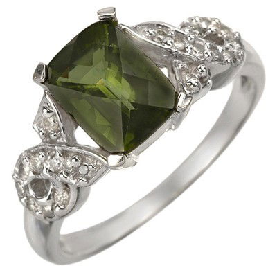 Genuine 1.75ct Green Tourmaline & Diamond Ring 10K Gold: Diamond: 20 Round cut @ 0.25 ctw Clarity: SI-I Color: H-KGemstone: Natural TourmalineGemstone color: GreenGemstone quality: Good-to-Very GoodGemstone Cut & Weight: 1 Cushion cut @ 1.50 ctwMetal Purity