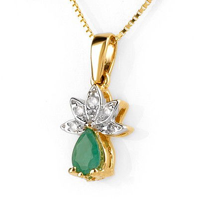 Genuine 0.50 ctw Emerald & Diamond Necklace Yellow Gold: Diamond: 5 Round cut @ 0.10 ctw Clarity: SI-I Color: H-KGemstone: Natural EmeraldGemstone color: GreenGemstone quality: Good-to-Very GoodGemstone Cut & Weight: 1 Pear cut @ 0.40 ctwMetal Purity & Colo