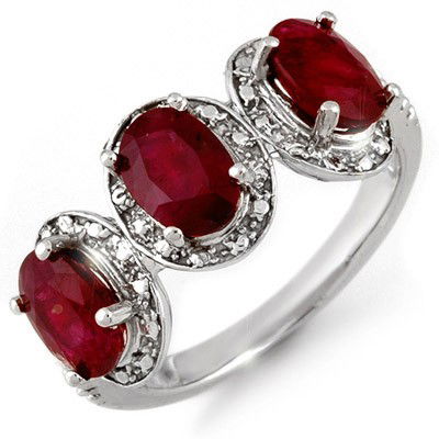 Genuine 3.08 ctw Ruby & Diamond Ring 10K White Gold - R: Diamond: 4 Round cut @ 0.08 ctw Clarity: SI-I Color: H-KGemstone: Natural RubyGemstone color: RedGemstone quality: Good-to-Very GoodGemstone Cut & Weight: 3 Oval cut @ 3.0 ctwMetal Purity & Color : 10