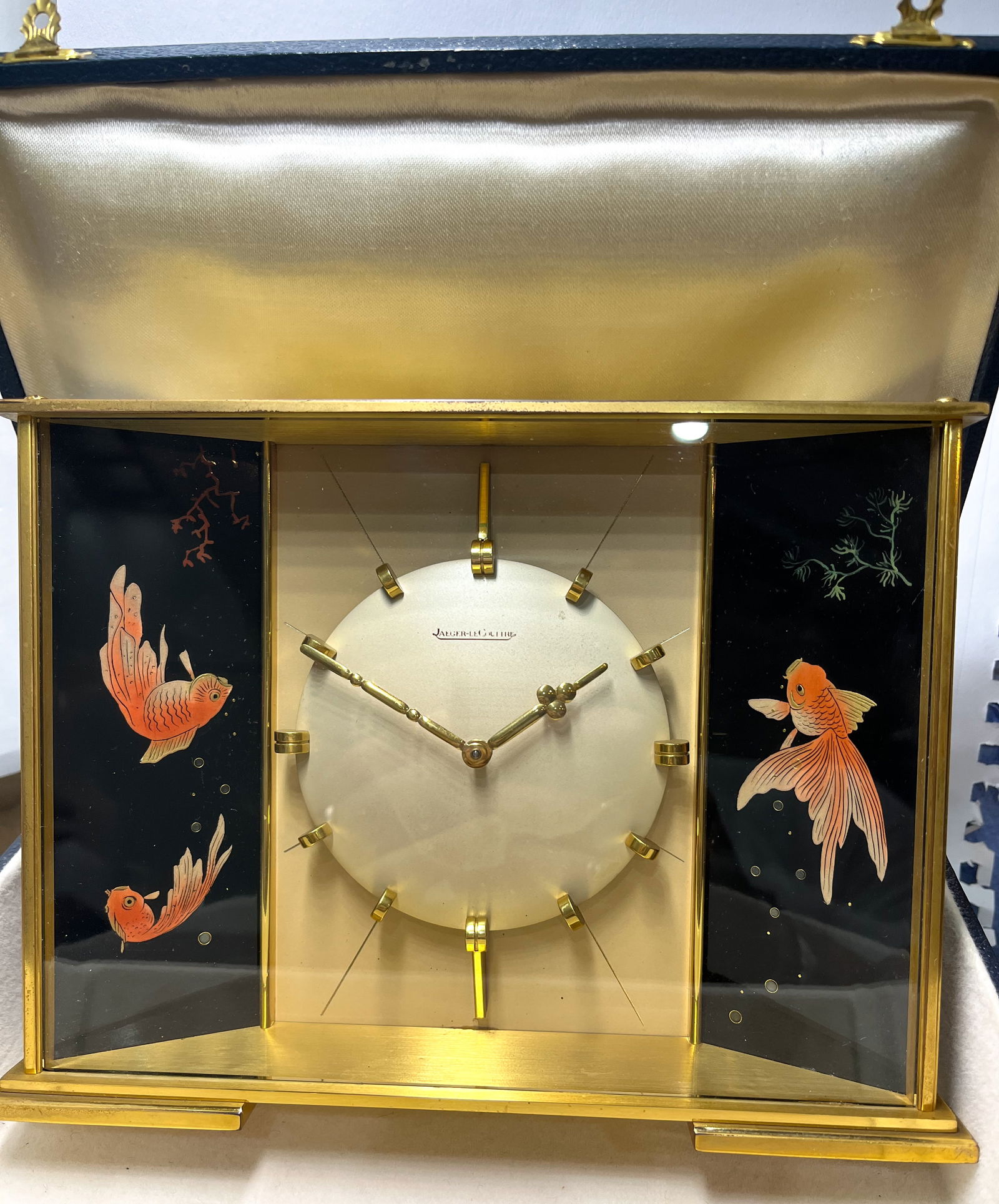 Jaeger Lecoultre Rare Double Panel Hand Painted Skeleton Enamel Koi Fish Ref 491 Desk Clock With Box (1 of 4)