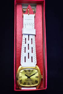 Presta 17j Tempus Fugit Swiss Made Manual Wristwatch Gold Dial White Strap: Presta 17j Tempus Fugit Swiss Made Manual Wristwatch Gold Dial White Strap