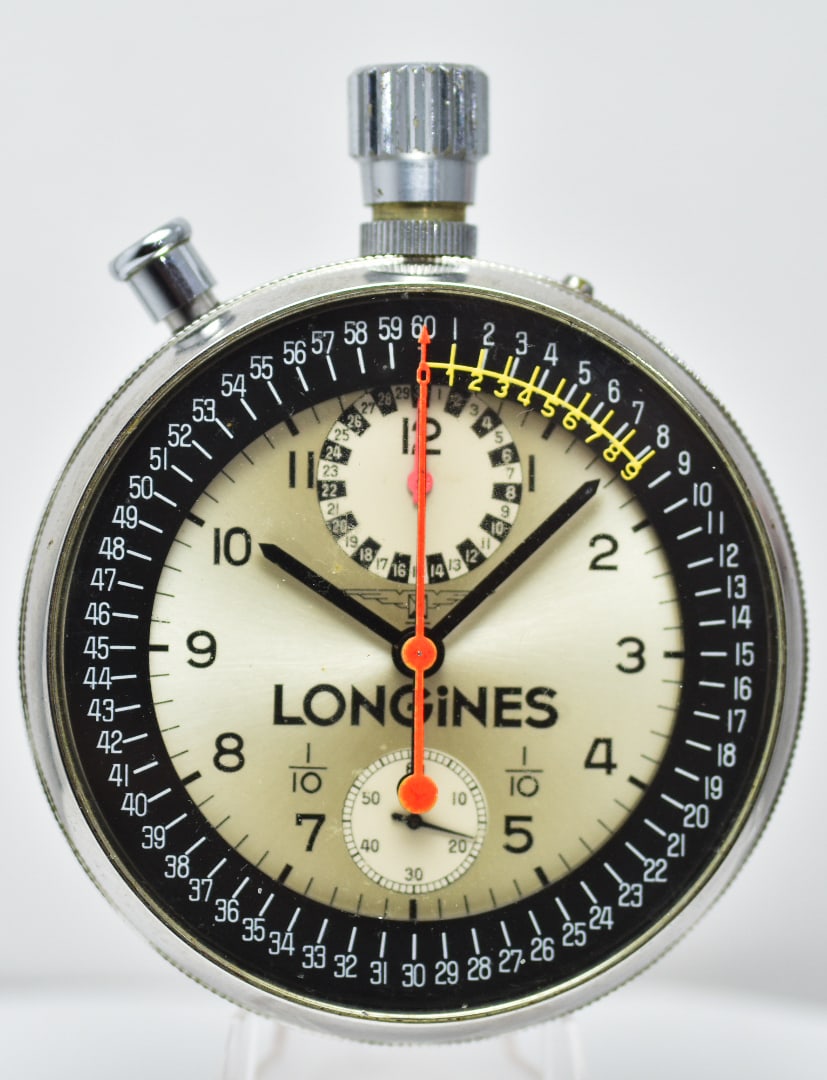 Longines Large Stainless Steel Split Second Chronograph Pocket Watch with Date and 1/10 Second Indic: Longines Large Stainless Steel Split Second Chronograph Pocket Watch with Date and 1/10 Second Indication