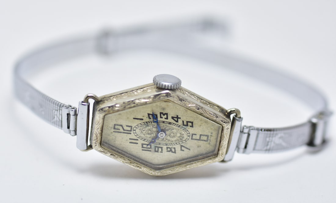 Ladies Art Deco Wristwatch White Gold Watch c.1940's: Ladies Art Deco Wristwatch White Gold Watch c.1940's