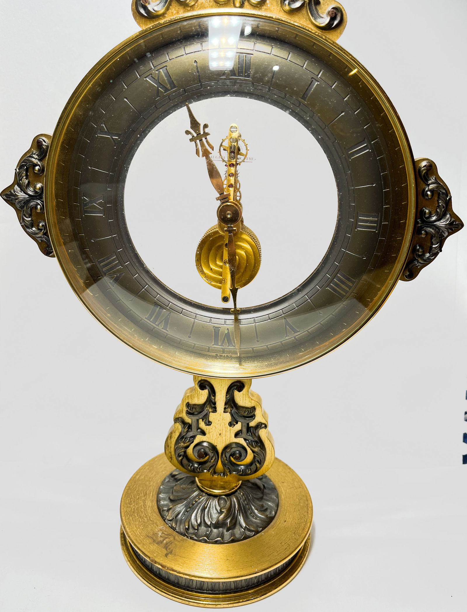 Jaeger LeCoultre 8 days Inline Movement Skeleton Table Desk Clock Monstrance c.1960: Jaeger LeCoultre 8 days Inline Movement Skeleton Table Desk Clock Monstrance c.1960