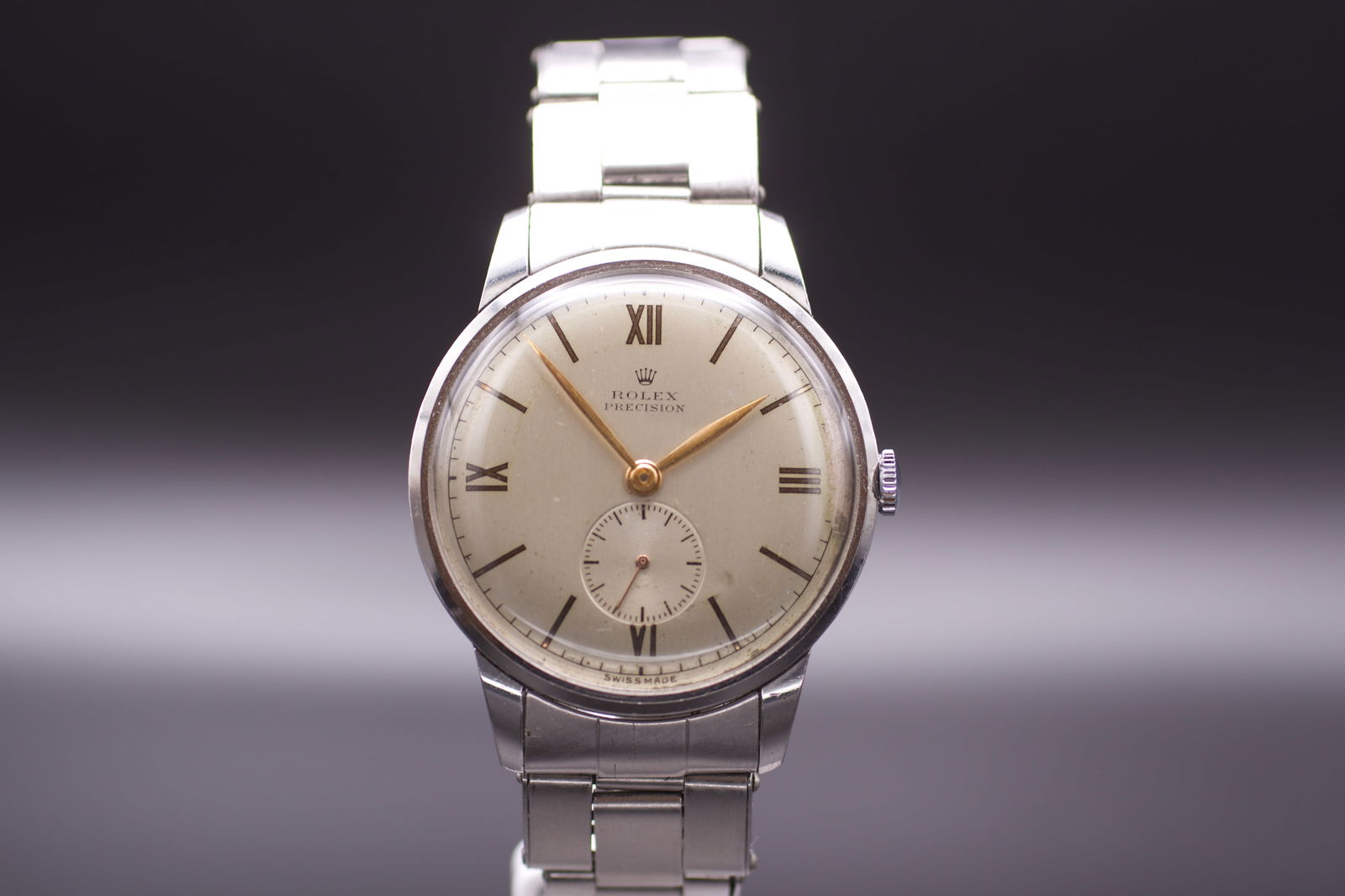 Rolex Precision Reference 4890 Manual Winding Wristwatch 'Oversize' Stainless Steel Case, With Rare: Rolex Precision Reference 4890 Manual Winding Wristwatch 'Oversize' Stainless Steel Case, With Rare Original Expanding Rivet Bracelet. C.1948 The highly collectible Rolex Precision Reference 4890