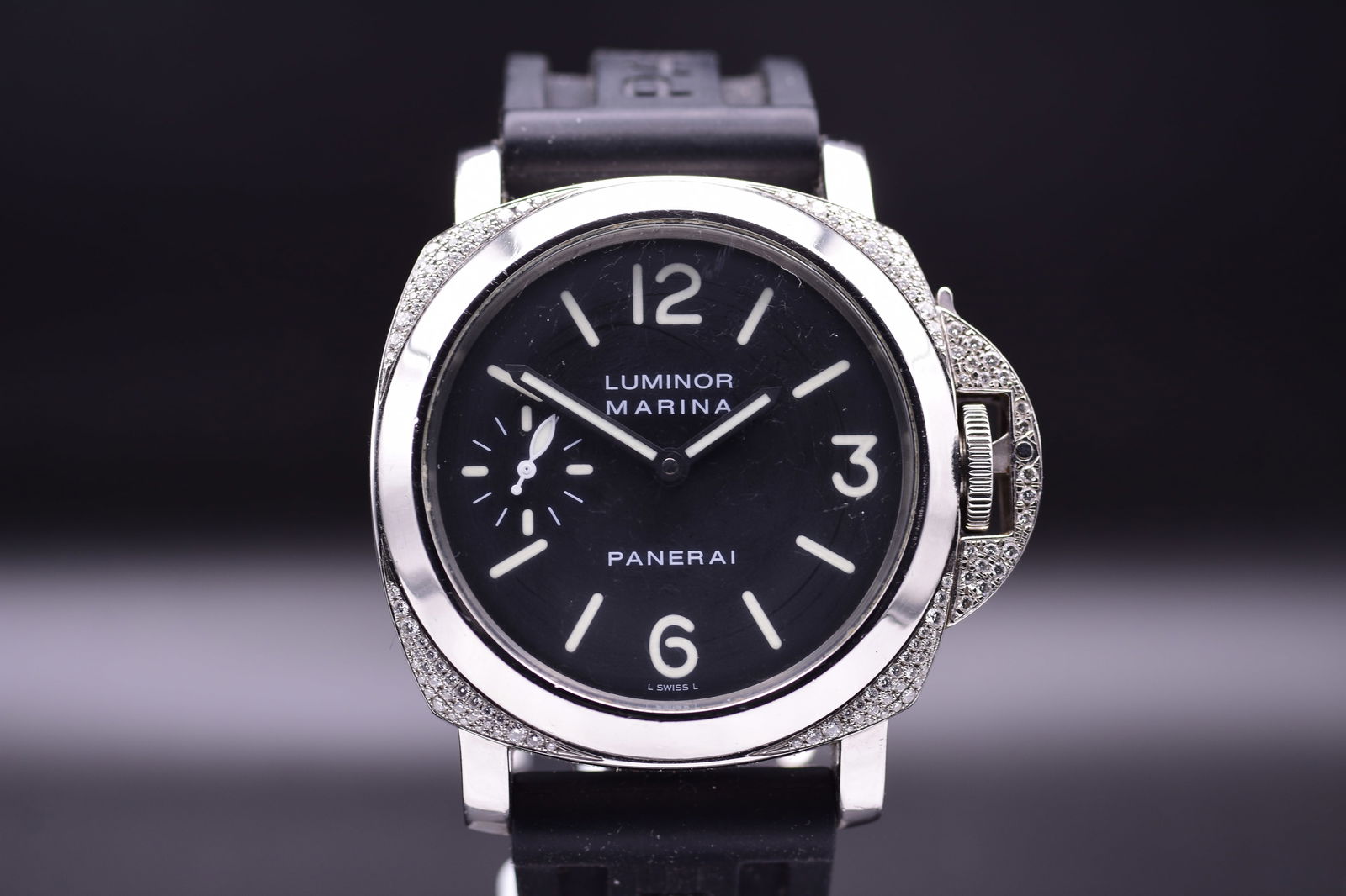 Officine Panerai: A Rare, Highly Important, Limited Edition Wristwatch with Factory-Set Diamond: Officine Panerai: A Rare, Highly Important, Limited Edition Wristwatch with Factory-Set Diamond Bezel, 'Luminor Marina', Ref. OP 6533 An exceptionally rare and highly sought after watch. Officine Pane