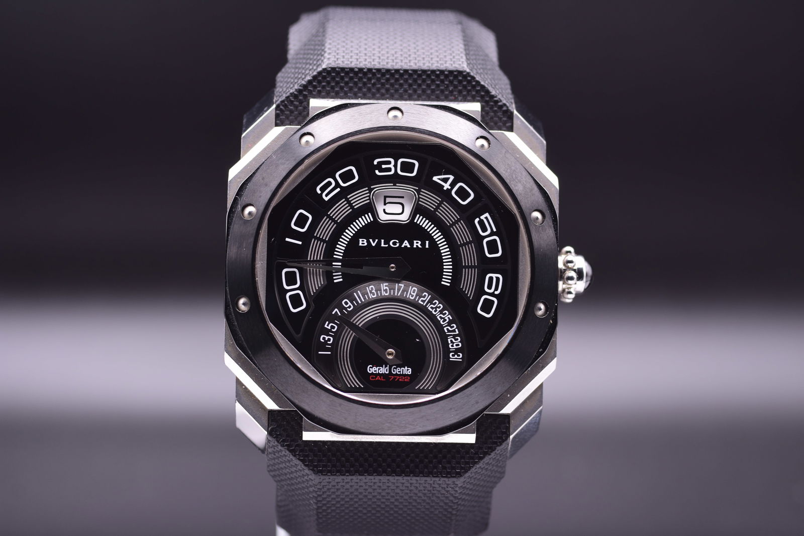 Bulgari, A Gérald Genta Octo Bi-Retro Jumping Hour, Retrograde Minutes Date Wristwatch Ref.: Bulgari, A Gérald Genta Octo Bi-Retro Jumping Hour, Retrograde Minutes Date Wristwatch Ref. OBR.Y.1C This captivating timepiece, a testament to Gérald Genta’s iconic Octo design ethos merged with