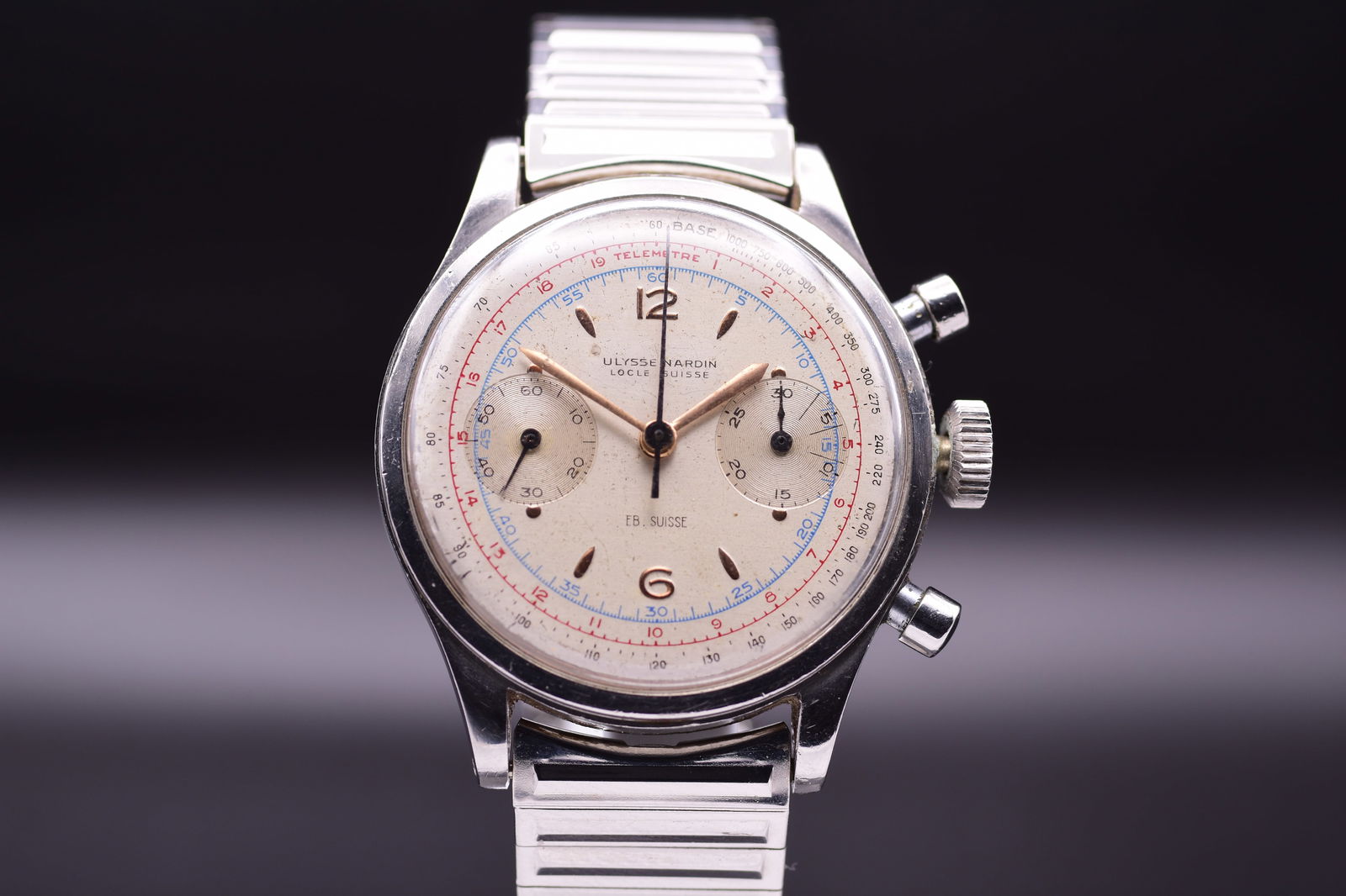 Ulysse Nardin Locle Suisse 'Télémètre Chronographe' Chronograph, Aviator-Surveyor C.1945 Men's: Ulysse Nardin Locle Suisse 'Télémètre Chronographe' Chronograph, Aviator-Surveyor C.1945 Men's Wristwatch This exquisite Ulysse Nardin Telemetre Chronograph is a masterpiece of mid-century Swiss ho