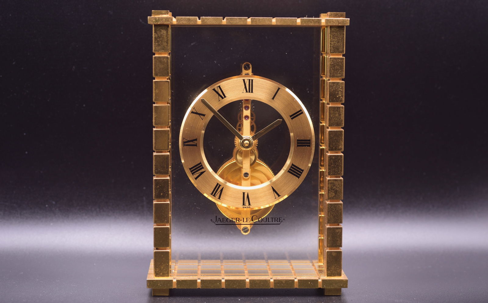 Jaeger-LeCoultre Ref. 561 Skeletonised Desk Clock Gilt-Brass and Glass with In-Line 8-Day Movement (1 of 9)
