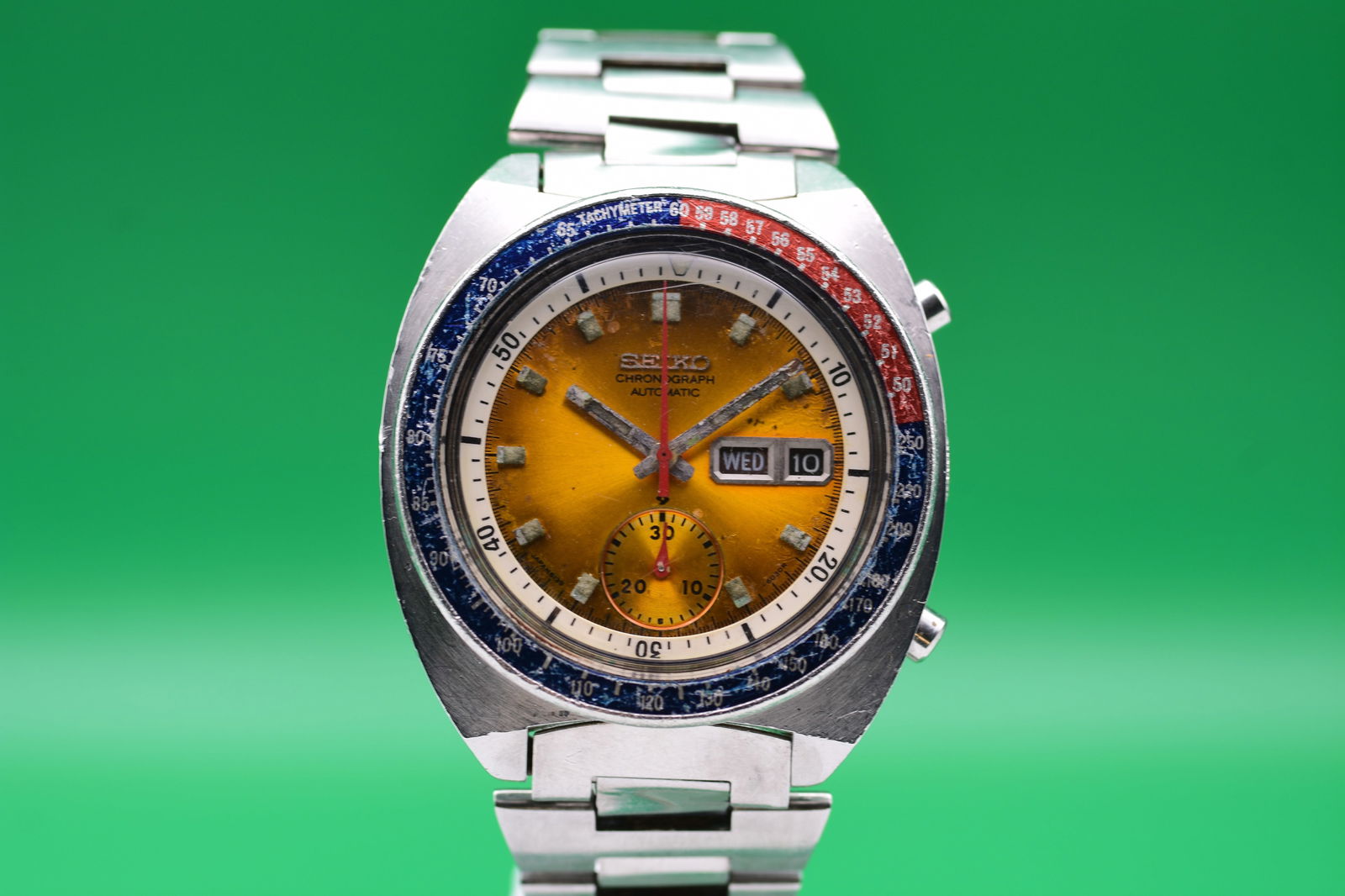 Seiko 'Pogue' Automatic Chronograph, Ref. 6139-6002 with Arabic Day-Date, Yellow Sunburst Dial (1 of 7)