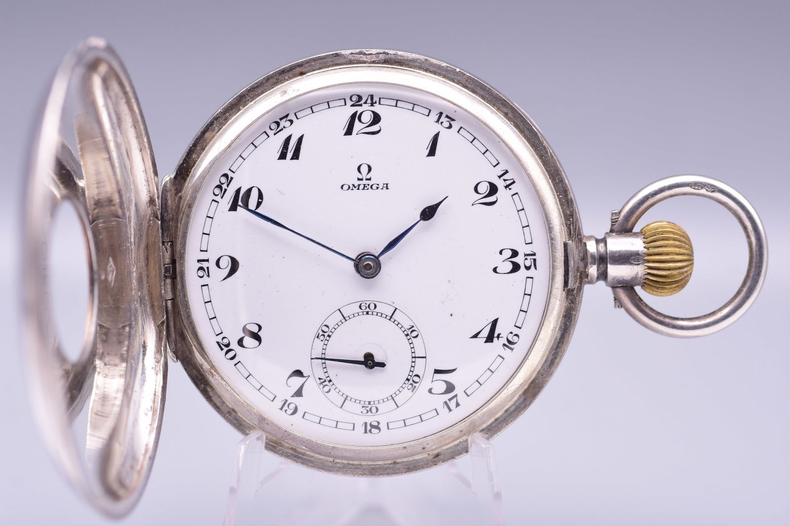 Omega Silver Half Hunter Edwardian Pocket Watch with Blue Enamel Chapter Ring, c.1910 (1 of 7)