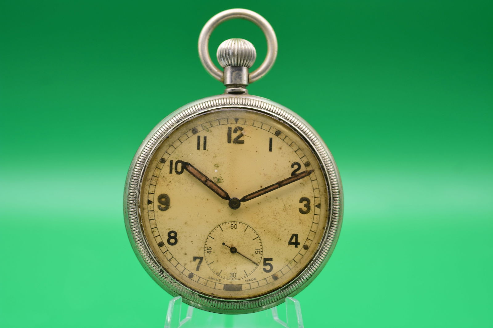 A Rare WWII British Army GSTP 'Sold Out of Service' Pocket Watch by Revue Thommen C.1940: A Rare WWII British Army GSTP 'Sold Out of Service' Pocket Watch by Revue Thommen C.1940 A fine example of a Second World War British Military General Service Trade Pattern (GSTP) open-face pocket wat