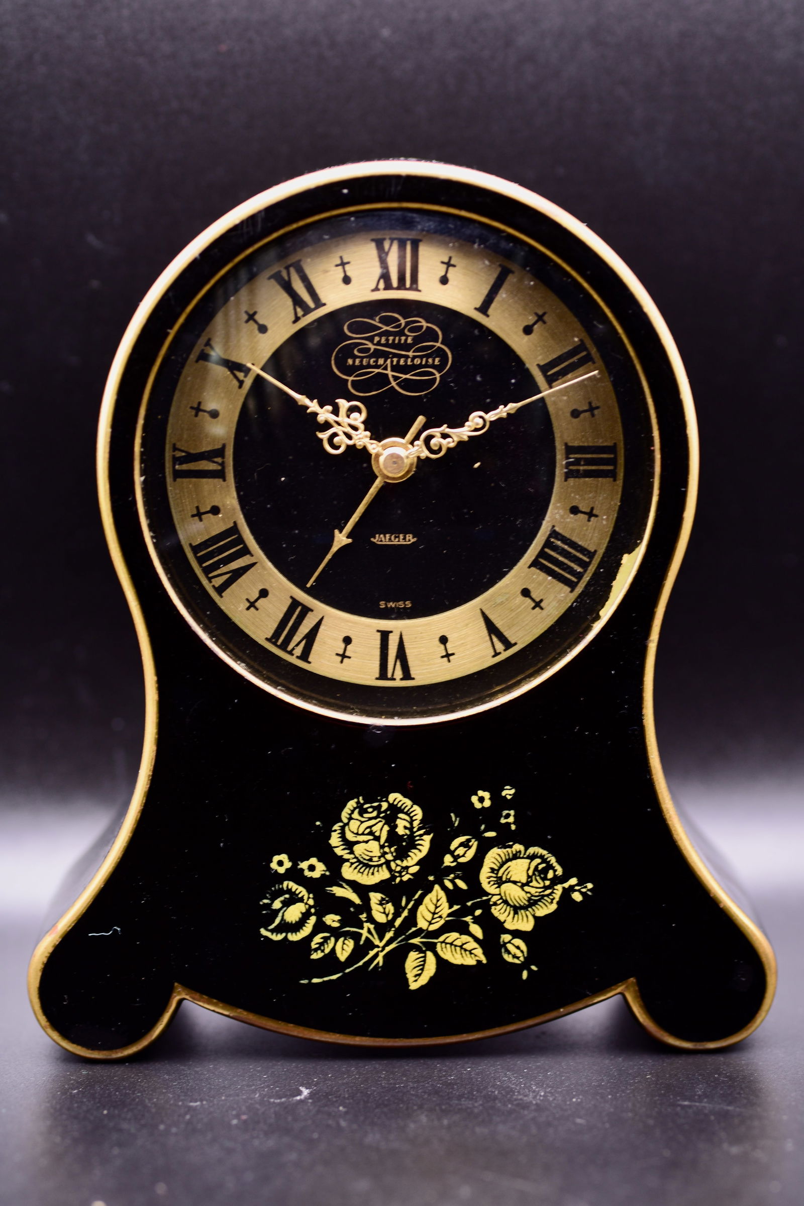Jaeger "Petite Neuchâteloise" Musical Alarm Table Clock Swiss Black Enamel and Gilt-Decorated (1 of 6)
