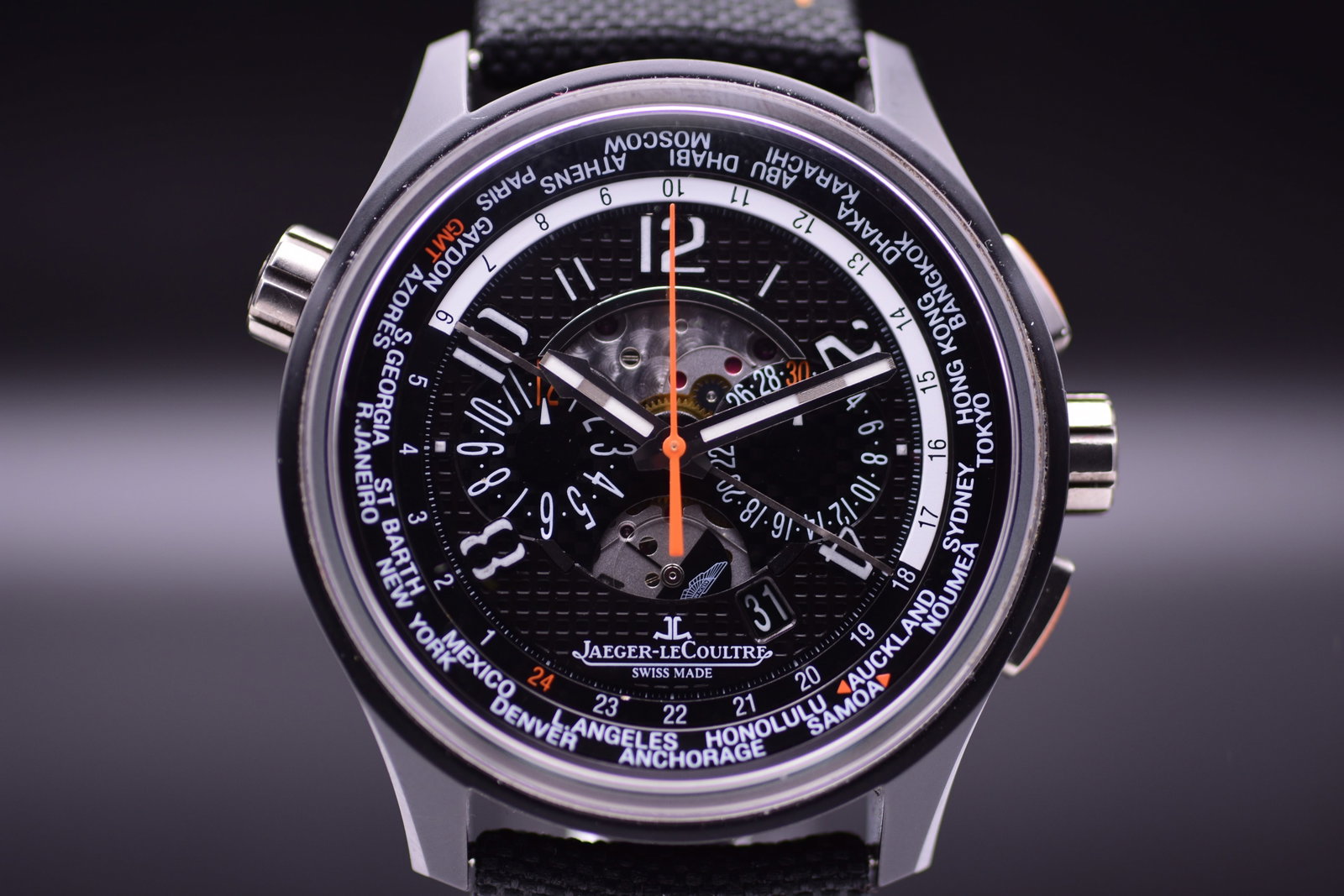 Jaeger LeCoultre AMVOX5 Aston Martin Ltd Edition 100 Ceramic Titanium World Chronograph: Jaeger LeCoultre AMVOX5 Aston Martin Ltd Edition 100 Ceramic Titanium World ChronographAn exceptionally rare gentleman’s Jaeger-LeCoultre AMVOX5 World Chronograph Racing wrist watch, reference Q